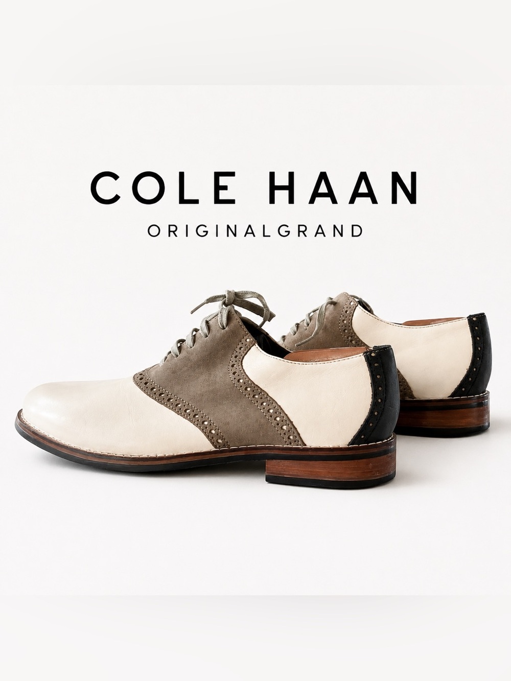 Cole Haan ØriginalGrand Wingtip Oxford Ivory Taupe Navy Leather Men’s 10.5
